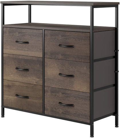 Homfa 6 Drawer Dresser for Bedroom, Modern Storage Cabinet Bedroom Nightstand with 6 Foldable Fabric Drawers, Dark Brown Finish
