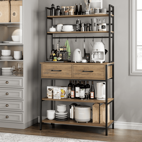 Homfa 5-Tier Bakers Rack with Drawers, Industrial Microwave Oven Stand Kitchen Storage Shelf, Rustic Brown