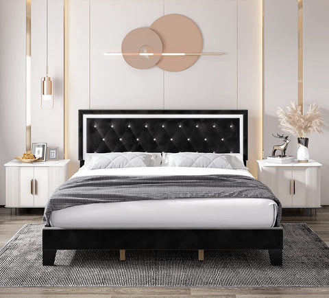 Homfa King Size Bed with Adjustable Headboard, Diamond Tufted Upholstered Platform Bed Frame, Black