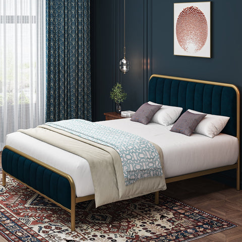 Homfa King Size Bed Frame, Round Metal Tube Heavy Duty Bed Frame with Tufted Upholstered Headboard, Gold and Blue