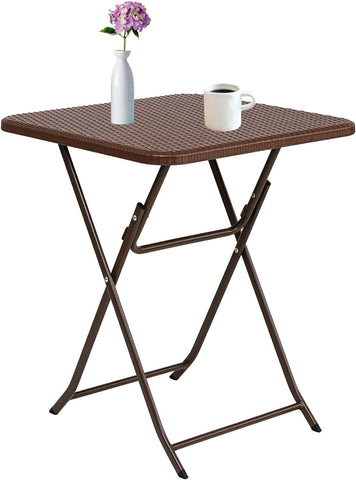 Homfa 23.6" Patio Table, Small Plastic Folding Table, Rattan Look Square Folding Side Table for Patio, Garden, Balcony