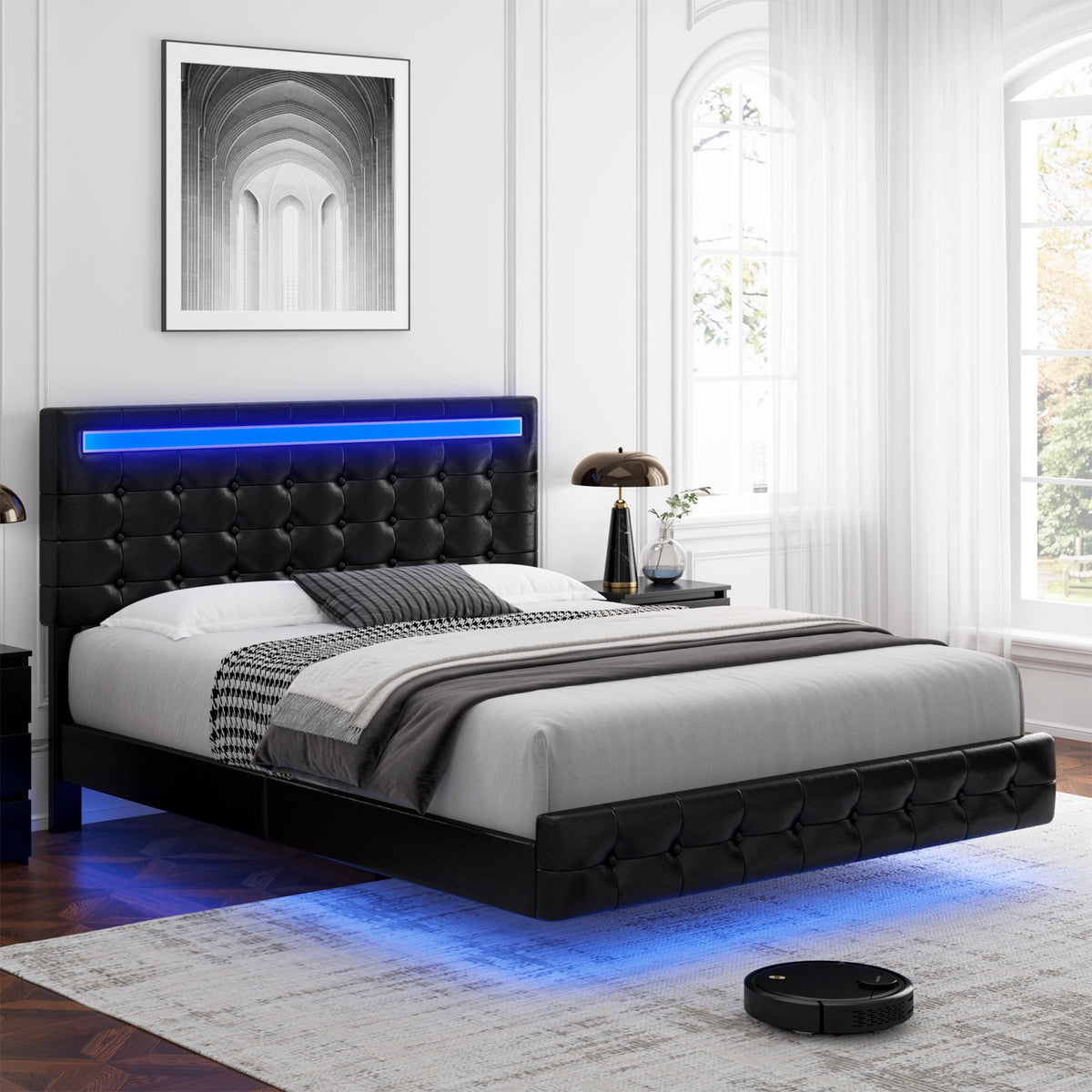 Homfa King Floating Bed with Lights, LED Platform Bed Frame with Under ...