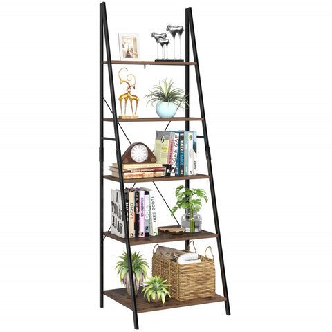 Homfa Ladder Shelf, 5 Tier Vintage Bookcase, Multifunctional Bookshelf Plant Flower Stand Storage Rack Shelves, Wood Look Accent Metal Frame Modern Furniture,Vintage