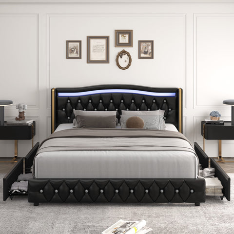 Homfa King Size LED Bed Frame with 4 Storage Drawers, PU Leather Upholstered Platform Bed with Crystal Buttons Headboard, Black