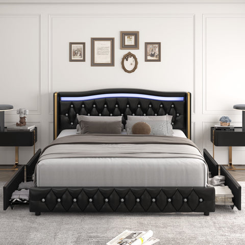 Homfa Full Size LED Bed Frame with 4 Storage Drawers, PU Leather Upholstered Platform Bed with Crystal Buttons Headboard, Black