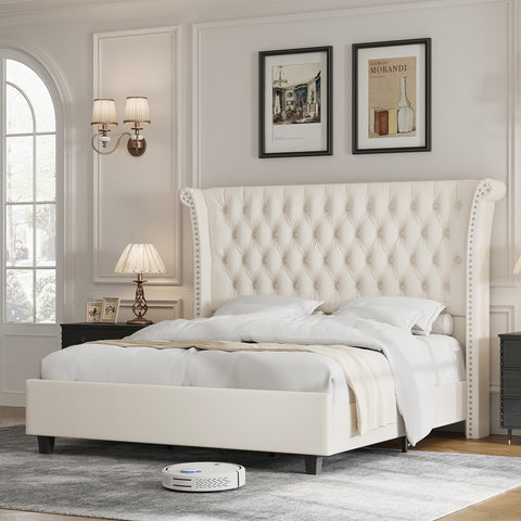 Homfa King Size Bed Frame, Modern Velvet Tufted Upholstered Platform Bed with Rivet Rolled Edge High Wingback Headboard, White