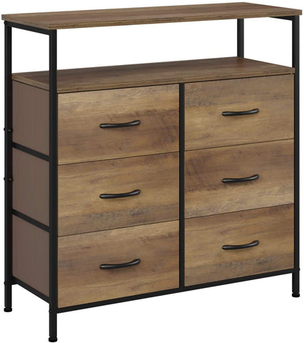 Homfa Fabric Dresser Chest with 6 Drawers, Wide Chest of Drawers with 2 Tier Wood Shelves, Sturdy Metal Frame, Tall Nightstand Functional Organizer Unit for Closets, Bedroom, Hallway, Rustic Brown