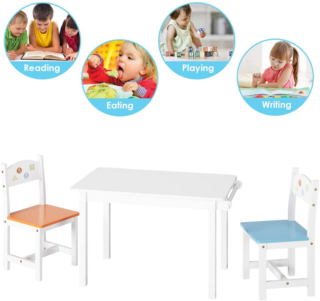 INFANS 2 in 1 Kids Art Table and Chair Set, Toddler Craft Play Wood Activity Desk with 2 Chairs for Drawing Writing, White