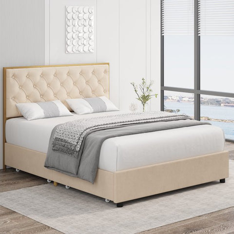 Homfa Full Size Storage Bed with 4 Drawers, Tufted Upholstered Headboard Platform Bed Frame, Beige