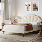 Homfa LED Bed Frame, Velvet Upholstered Platform Bed Frame with Adjustable Headboard, No Box Spring Needed, Beige, Full Size