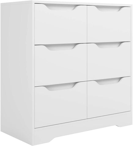Homfa 6 Drawer Double Dresser, Modern Wood Storage Chest with Cut-out Handles, White Finish