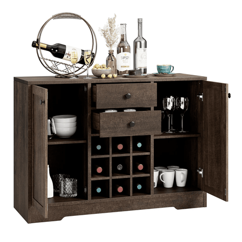 Homfa Sideboard Buffet Cabinet with 2 Drawers and Cabinets,  Wine Bar Cabinet with Wine Rack, Coffee Bar Cabinet for Dining Room Kitchen, Brown