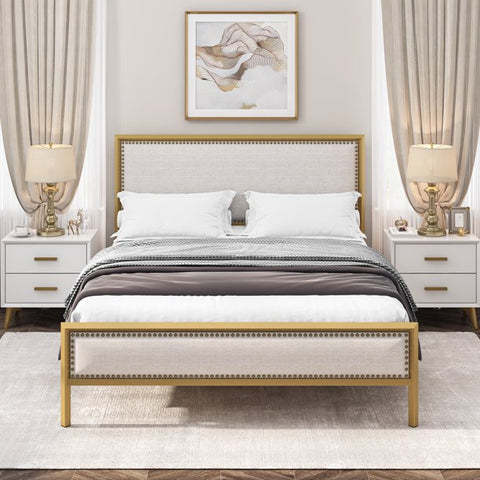 Homfa Queen Size Bed Frame, Modern Metal Framed Bed with Button Linen Tufted Upholstered Headboard, Wood Slat Support, Gold