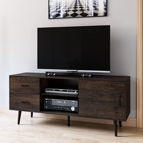 Homfa Mid-Century Modern TV Stand for TVs up to 60 inch, Wood TV Console Media Cabinet with Storage, Home Entertainment Center for Living Room, Bedroom, Dark Brown