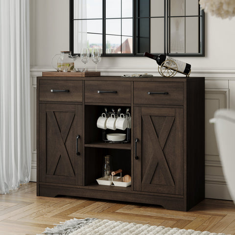 Homfa 41.7'' Wide Kitchen Buffet with 3 Drawers, Wooden Sideboard Cabinet with 2-Tier Adjustable Shelves, Dark Brown