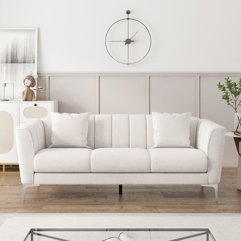 Homfa Chenille Sofa and Couch, 77.2" Modern Couch with Armrests, Wood Sofa with Pocket and Stainless Steel Legs, White