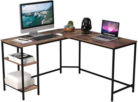 Industrial Computer Desk, L-Shaped Office Workstation Corner Desk Writing Table with Removable Storage Shelves, Retro Color
