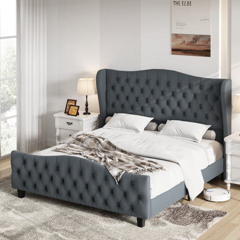 Homfa Queen Size Bed, 54.3¡± Tall Modern Velvet Tufted Upholstered Platform Bed Frame with Deep Button Wingback Headboard, Dark Gray