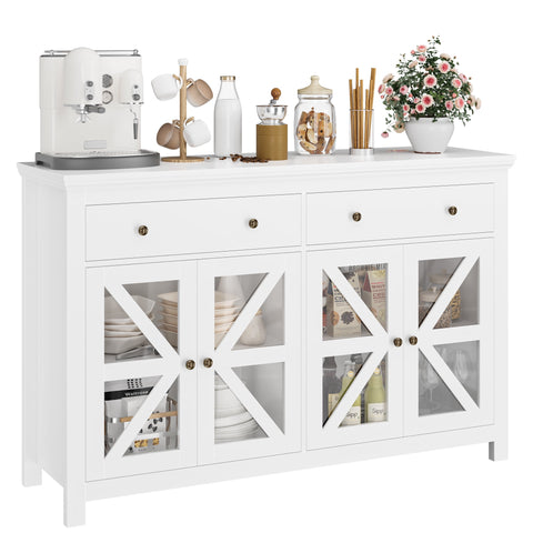 Homfa 2 Drawers Farmhouse Storage Cabinet with 4 Glass Doors, Wood Buffet Sideboard with Adjustable Shelves, White