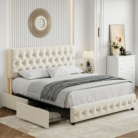 Homfa Queen Size Storage Bed, Velvet Platform Bed Frame with 4 Drawers, Upholstered with Adjustable Headboard, Off White