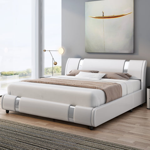 Homfa Queen Size Bed Frame, Modern Leather Upholstered Platform Bed Frame with Adjustable Headboard, White