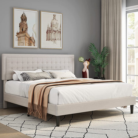 Homfa Queen Bed Frame, Button Tufted Upholstered Platform with Adjustable Headboard, Mattress Foundation with Sturdy Frame, Beige