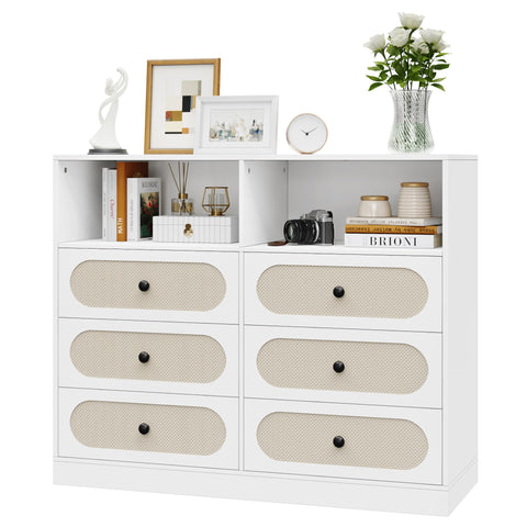 Homfa 6 Rattan Drawer Dresser, Modern Storage Cabinet Sideboard for Living Room Bedroom, White