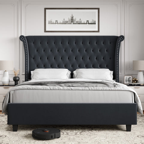 Homfa King Size Bed Frame, Modern Velvet Tufted Upholstered Platform Bed with Rivet Rolled Edge High Wingback Headboard, Dark Blue