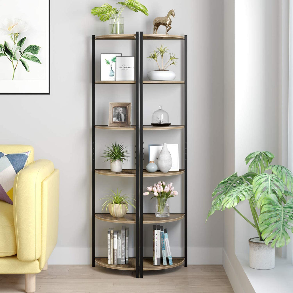 Corner Shelf Freestanding, Industrial 5 Tier Wood Wall Corner Bookshelf  with Metal Frame, Corner Storage Rack Shelves Display Plant Flower, Stand