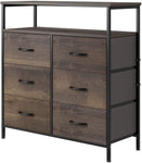 Homfa Fabric Dresser Chest with 6 Drawers, Wide Chest of Drawers with 2 Tier Wood Shelves, Sturdy Metal Frame, Tall Nightstand Functional Organizer Unit for Closets, Bedroom, Hallway, Dark Brown