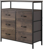 Homfa Fabric Dresser Chest with 6 Drawers, Wide Chest of Drawers with 2 Tier Wood Shelves, Sturdy Metal Frame, Tall Nightstand Functional Organizer Unit for Closets, Bedroom, Hallway, Dark Brown