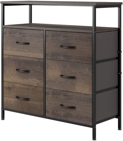 Homfa Fabric Dresser Chest with 6 Drawers, Wide Chest of Drawers with 2 Tier Wood Shelves, Sturdy Metal Frame, Tall Nightstand Functional Organizer Unit for Closets, Bedroom, Hallway, Dark Brown