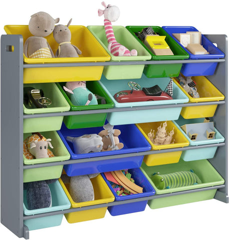 Homfa Kids Toy Organizers and Storage with 16 Multiple Color Plastic Bins Shelf Drawer for Bedroom Playroom, Grey Rack