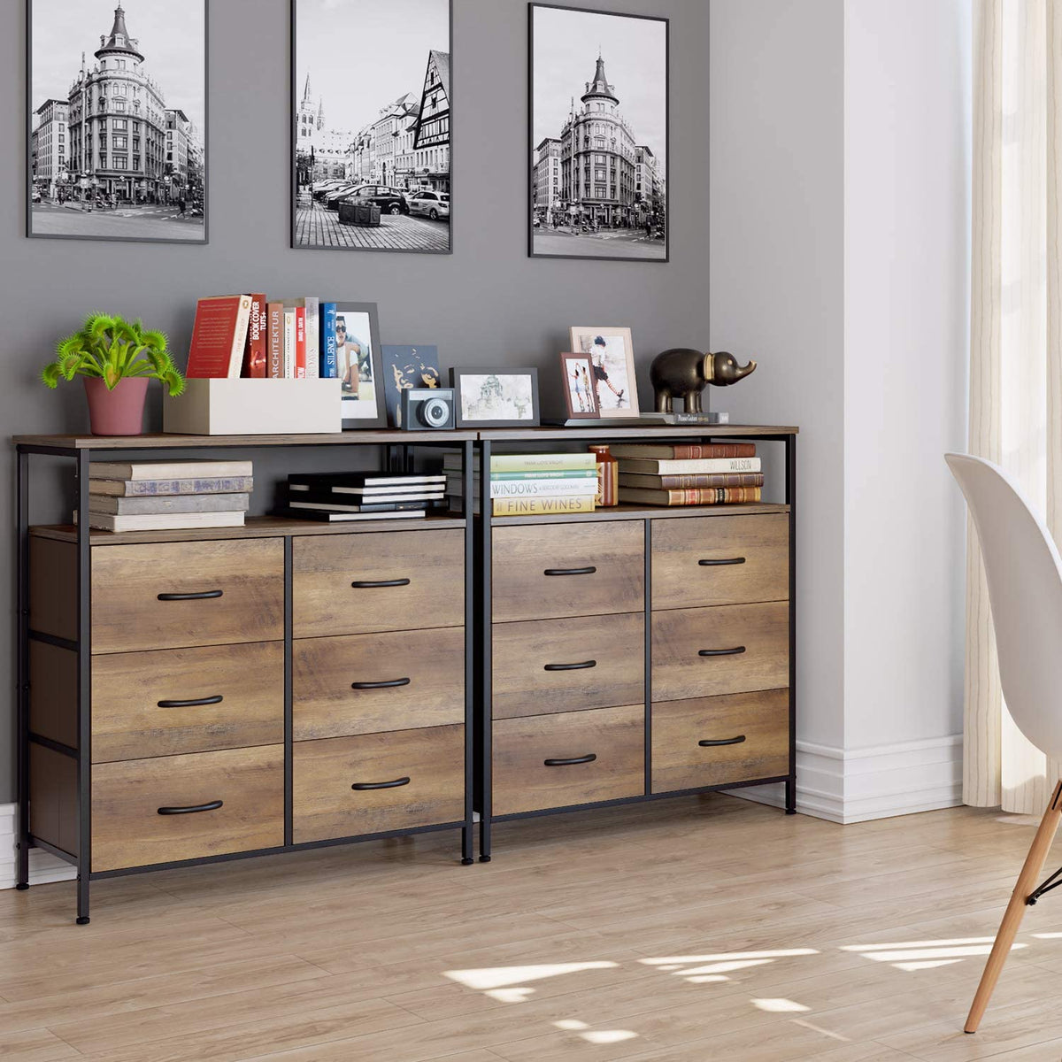 Homfa Fabric Dresser Chest with 6 Drawers, Wide Chest of Drawers with ...