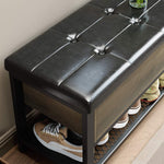 Homfa Industrial Storage Bench, Flip Top Long Shoe Bench, Bed End Stool with Leather Padded Seat and Steel Shelf, for Hallway, Foyer, Living Room, Bedroom, Dark Brown