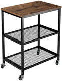 Homfa Industrial Serving Cart, 3-Tier Rolling Cart for Kitchen on Wheels with Storage, 2 Mesh Shelves and 2 Lockable Wheels