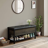 Homfa Industrial Storage Bench, Flip Top Long Shoe Bench, Bed End Stool with Leather Padded Seat and Steel Shelf, for Hallway, Foyer, Living Room, Bedroom, Dark Brown