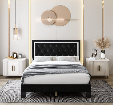 Homfa Full Size Bed Frame with Adjustable Headboard, Diamond Tufted Upholstered Platform Bed, Black