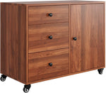 Mobile Lateral File Cabinet, 31.5 in Storage with 3 Drawers and 1 Door on Rolling Wheels for Home Office, Walnut Brown
