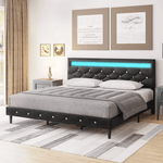 Homfa King Size LED Bed, LED Lights Upholstered Bed Frame with Adjustable Crystal Button Tufted Headboard, Black