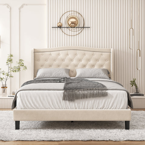 Homfa Queen Bed Frame, Modern Bed Frame with Wing-Back Button Tufted Upholstered Headboard, Wood Slat Support, Beige