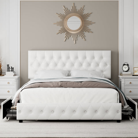 Homfa Faux Leather Storage Platform Bed Frame, King White Bed Frame with 4 Drawers, Upholstered with Adjustable Headboard