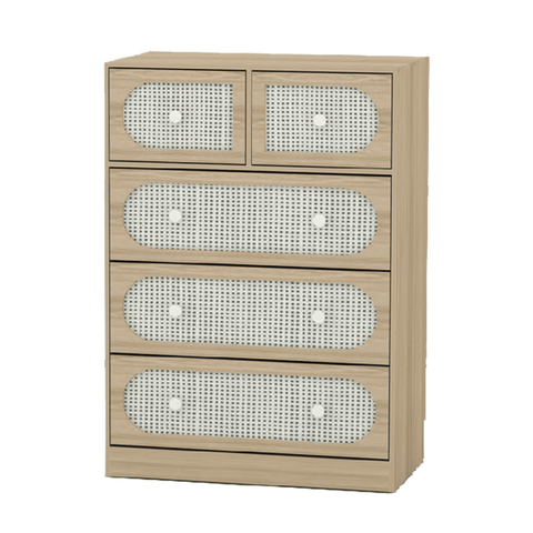Homfa 5 Drawer Dresser for Bedroom, Rattan Dresser Modern Closet Dressers Chest of Drawers, Wood Storage Chest, Oak