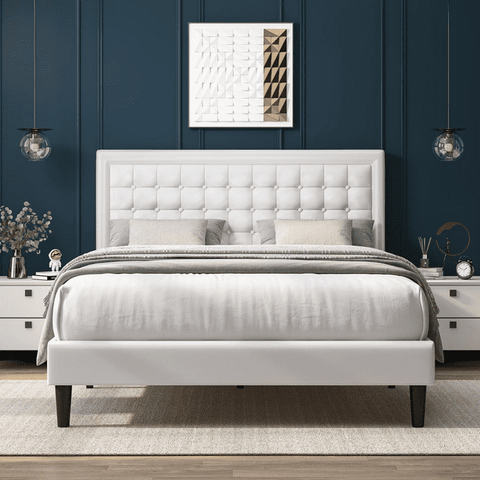 Homfa Full Size Bed, Button PU Leather Upholstered Platform Bed Frame with Adjustable Headboard, No Box Spring Needed, Easy Assembly, White
