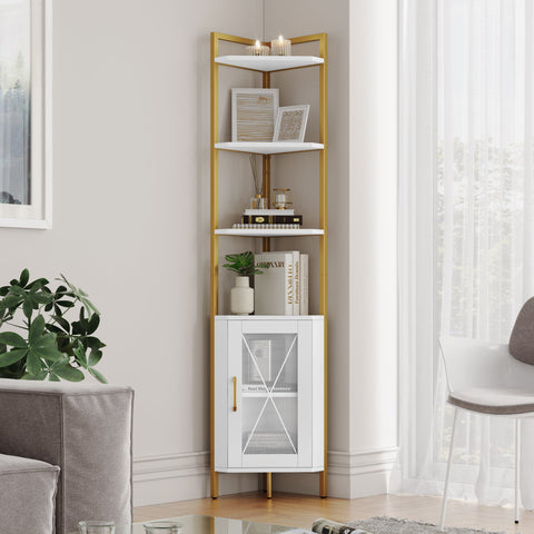 Homfa 6-Tier Steel Corner Bookshelf, Shelf with door for living room office bedroom entryway, Gold