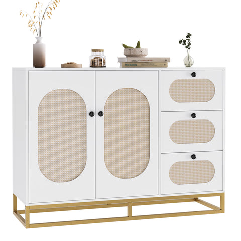 Homfa 3 Drawers Accent Storage Cabinet, 34.2"H Gold Buffet Sideboard with Rattan Doors for Living Room, White