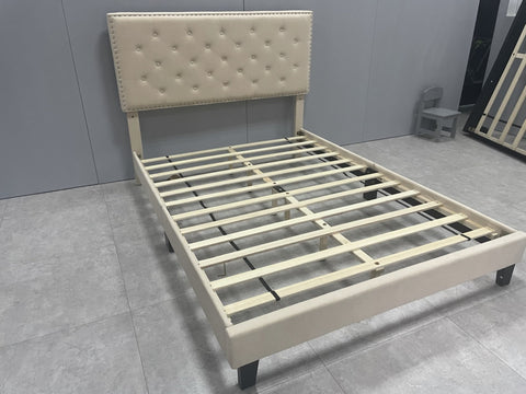 Homfa King Size Bed with Headboard, Modern Upholstered Platform Bed Frame for Bedroom, Beige
