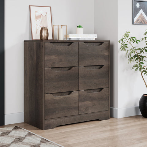 Homfa 6 Drawer Double Dresser for Bedroom, Modern Wood Storage Chest with Cut-out Handles, Dark Brown Finish