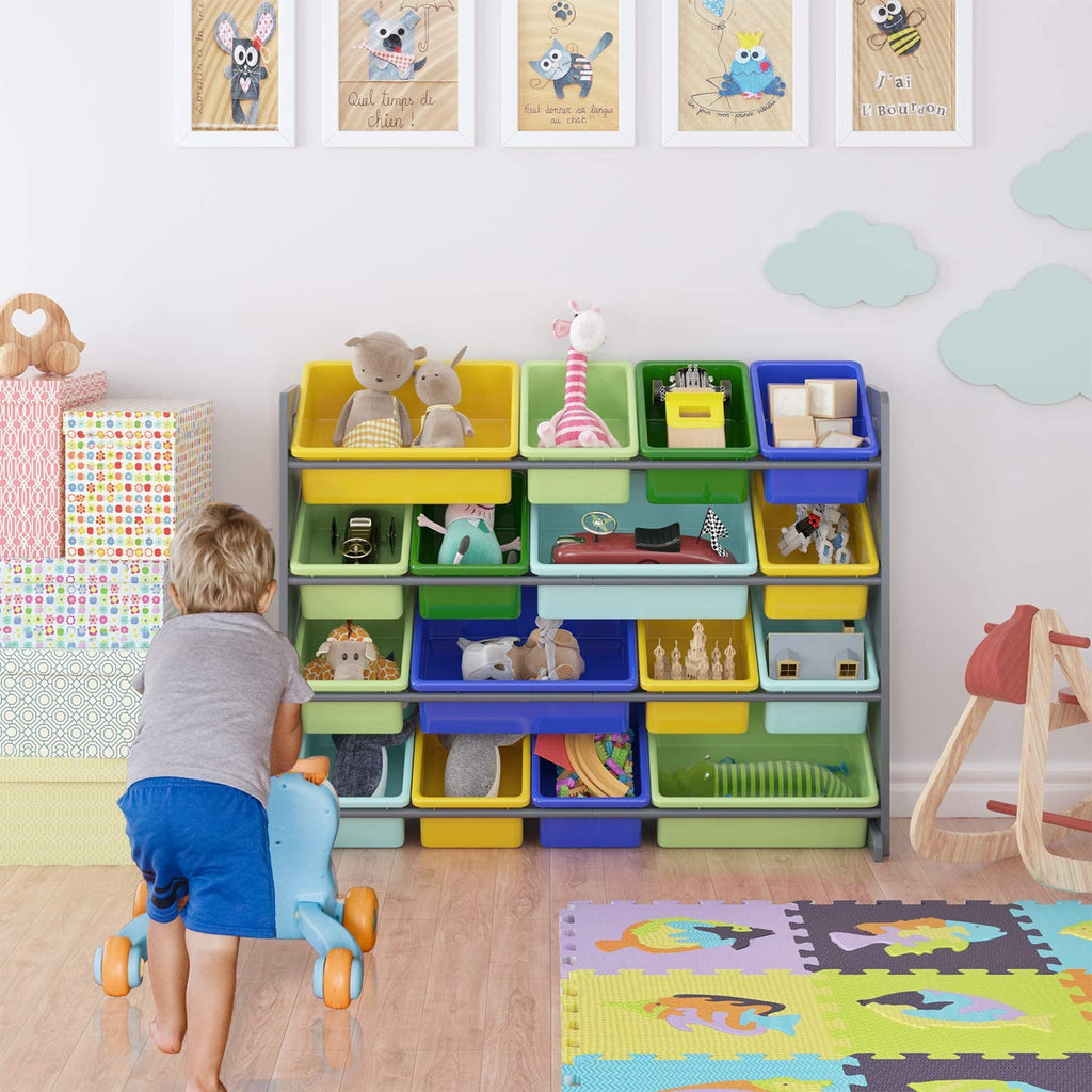 Kids Toy Storage Organizer Wood Box Shelf Rack 12 Plastic Bins Playroom  Bedroom