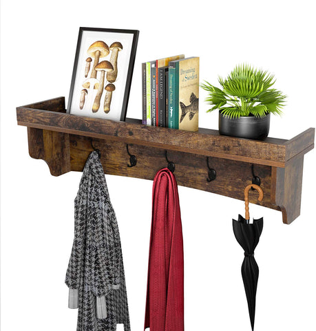 Rustic Farmhouse Wood Entryway Rack with Five Metal Hooks